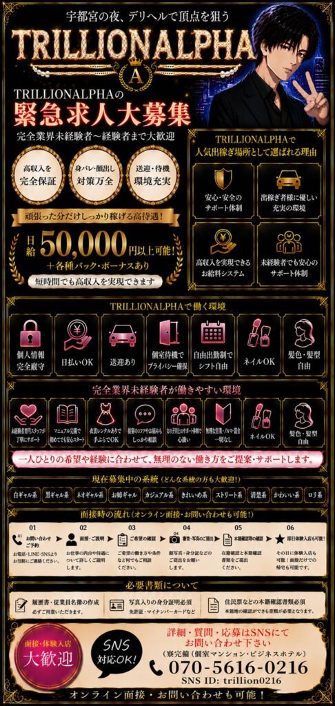 宇都宮TRILLION ALPHAの求人案内。働く環境、面接の流れ、応募連絡先を掲載。