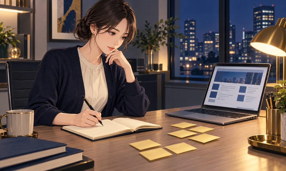 求人サイトを読みながら質問をノートにまとめる女性のイラスト